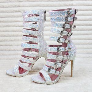 Sexy Wavy Strap up Front Ankle Boots Shooties Sparkling White Ice Glitter Heels